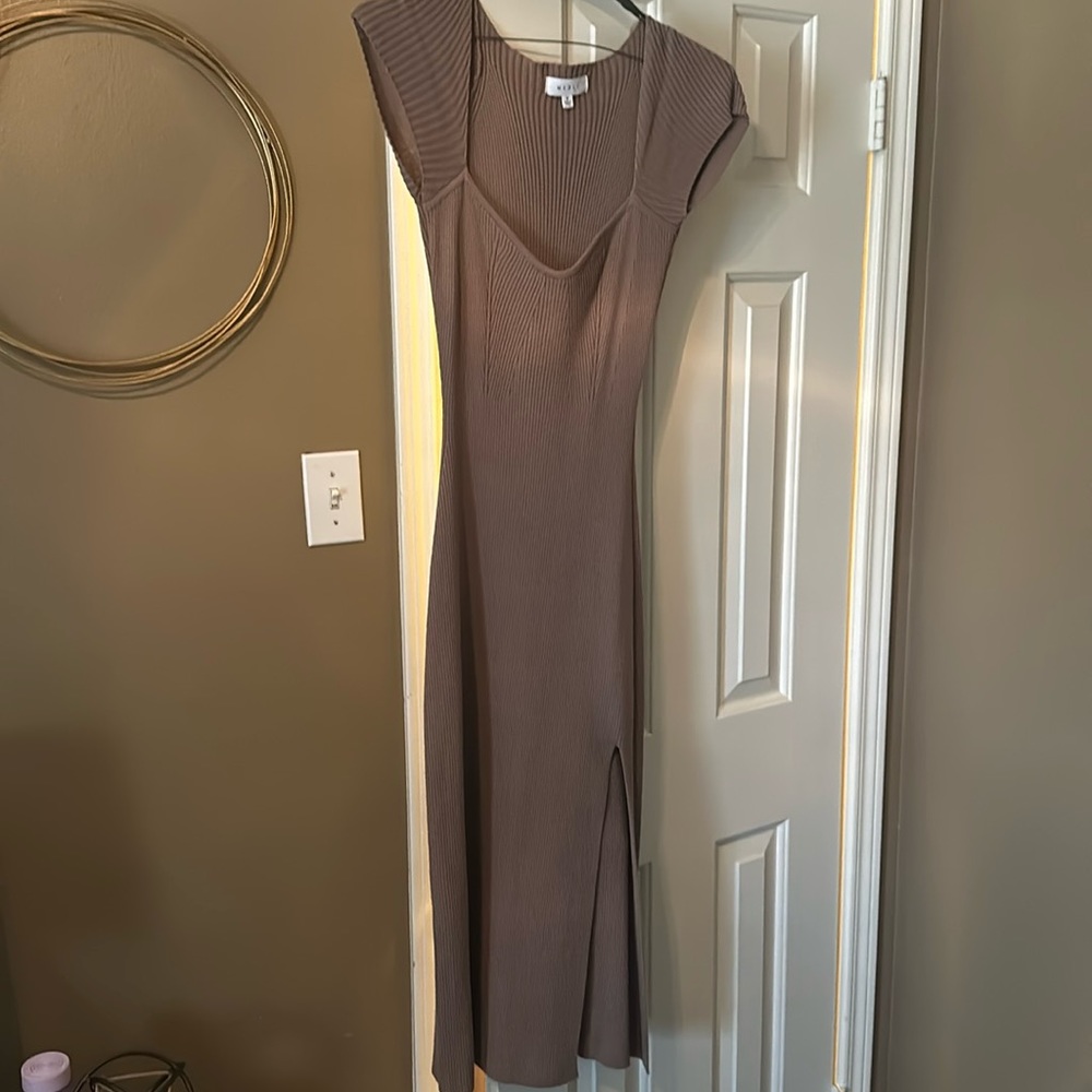 Never Worn! Mable Taupe Midi Dress with a Slit